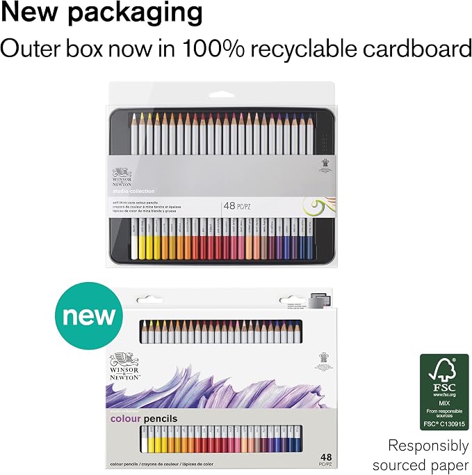 Winsor & Newton Studio Collection, Color Pencils, Set of 48 | Rich, Vibrant Color, Thick-Core Pencils, Soft Smooth Texture, Easy Blending, Stylish Metal Tin Included, High Quality Lead