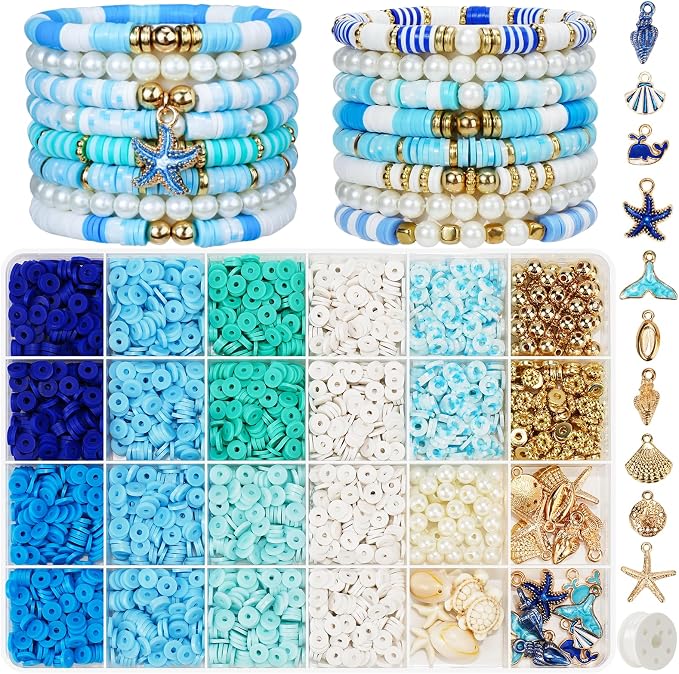 Gionlion Clay Beads for Bracelets, Blue Winter Clay Beads Bracelet Making kit with Golden Pearl Beads for Jewelry Making, Charms Bracelet Kit and Crafts DIY Gifts for Women