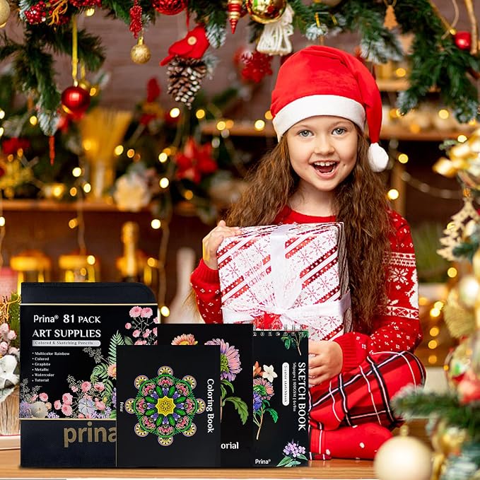 PRINA 81 Drawing Set Sketching Kit, Pro Sketch Pencils Art Supplies with Rainbow, Colored, Graphite, Watercolor, Metallic, Charcoal Pencil, Sketchbook, Coloring Book, Gift Case for Artists Adults Kids