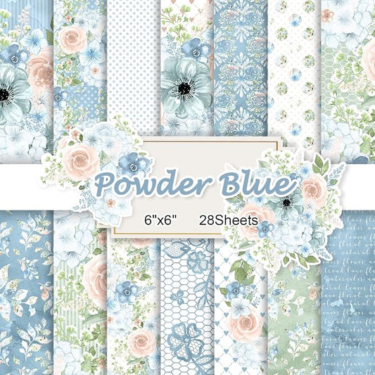 28 Sheets Scrapbook Paper, Floral Scrapbooking Specialty Papers 160gsm Cardmaking Craft Paper Pack Decorative Paper for Card Making (6"X6" Inch, Powder Blue Flowers)