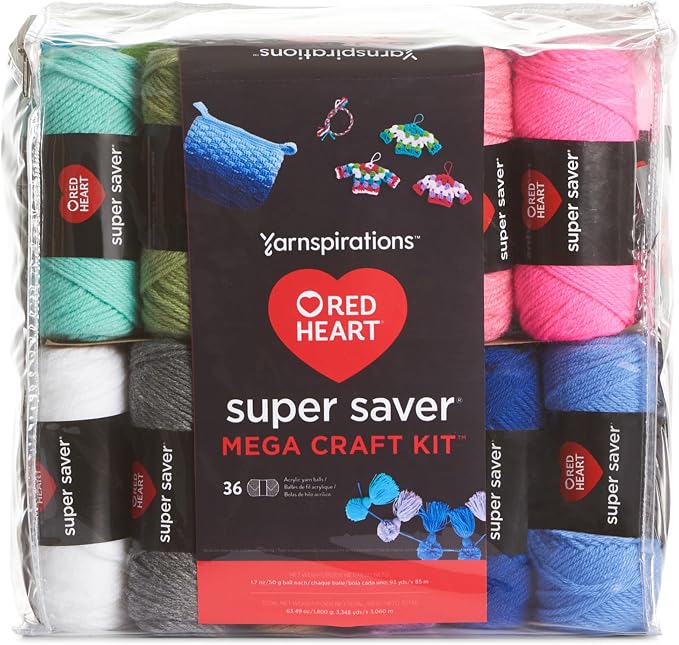 Red Heart Mega Craft Kit, Yarn for Crocheting and Knitting | #4 Medium Worsted Weight 100% Acrylic Yarn Kit for Amigurumi Projects, 36 Colors, 93 yards, 50g/1.7oz