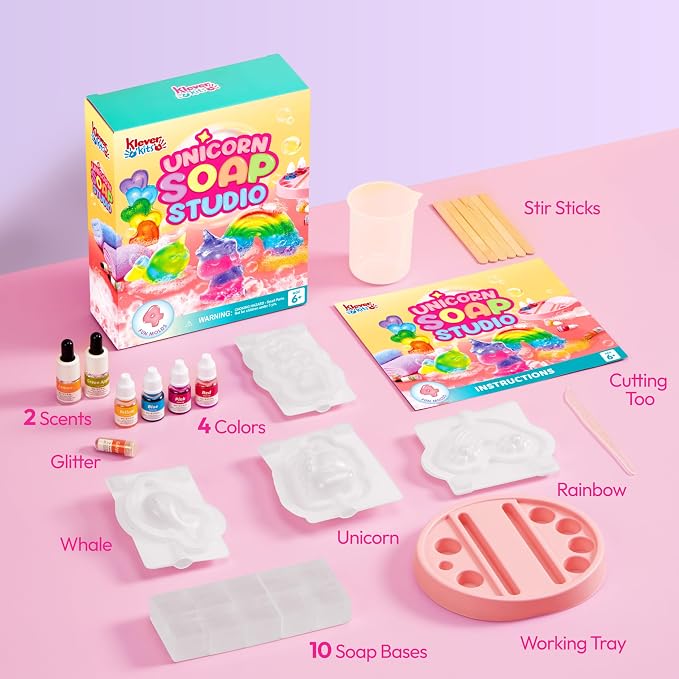 Klever Kits Unicorn Soap Making Kit- 4 Molds Girl Crafts DIY Project, Unicorn Girl Gifts, Kids Birthday Gift for Aged 6+, Science STEM Activity Teenage Gifts for Kids Ages 6 7 8 9 10 11 12