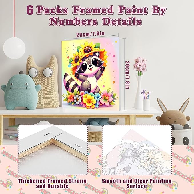 MXCFZX 6-Piece Framed Digital Painting Set for Children, Animal Painting Set Suitable for Children Aged 4-8-12. Easy Owl Elephant Cows Acrylic Oil Painting Set for Home Wall Decoration 8 x 8 inch