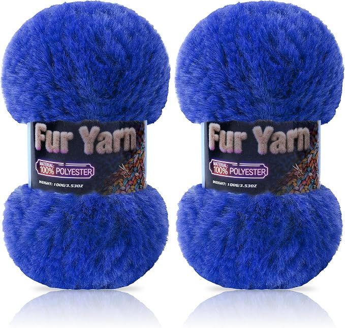Faux Fur Yarn Soft Fluffy for Crocheting - 2 Skeins(Each 3.5oz/100g, 71yd/65m) - Chunky & Fluffy Yarn for Crochet Amigurumi, Blankets, Hand Knitting, Scarves &Crafts (2, Sapphire Blue)