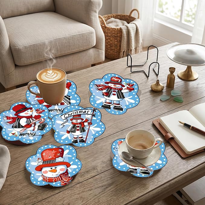 6 Pack Christmas Paint by Numbers Kits Coasters with Holder Cork Pads | Cute Mini Snowman Paint by Numbers Kits for Aldults, Special Shape Oil Painting Coaster for Small DIY Craft Holiday Gifts