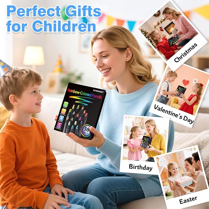 WEMEMORN 16 Color Rainbow Pencils, Colored Pencils for Adults Kids, Multicolored Pencils Art Supplies for Coloring, Drawing, Sketching, Pre-sharpened, Valentines Gifts Easter Basket Stocking Stuffers