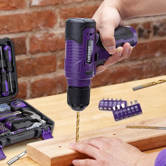 CARTMAN 150PCS 8V Cordless Drill Hand Tool Set, Purple Household Repair Kit | All-Inclusive Tool Assortment With 8V Drill, Great For Home Upkeep, DIY Crafting And Daily Household Fixes