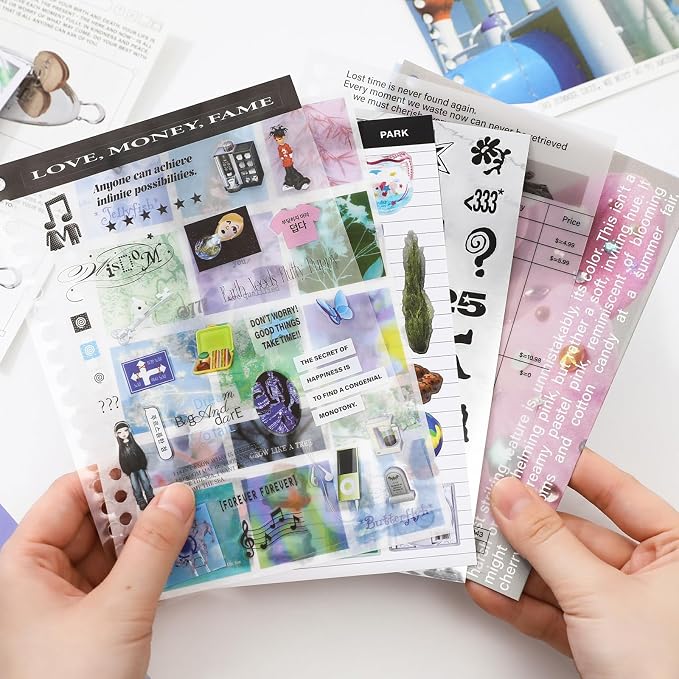 Premium Stcker Book for Scrapbooking, 65 Sheets Including Patterned, Vellum and Glitter Paper, Junk Journal Supplies for Adults with Vintage Stickers, 4.9 x 6.9 Inches