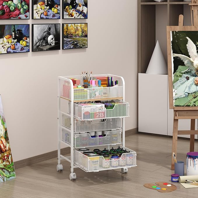 5-Tier Craft Organizer Cart with Wheels,Craft Organizers and Storage with Drawers,Lockable Wheels Rolling Utility Cart with DIY Divider,Office Supply Organizer,Ideal for Studio,Office Patent Pending