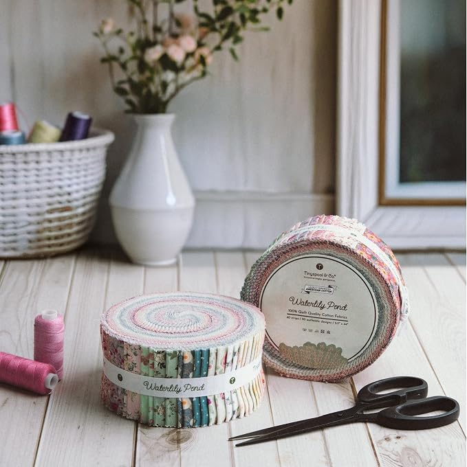 Tinyspool & Co.'s Twirlie Roll 40 Precut Quilting Fabric Strips for Quilting Supplies, Crafting, Sewing, Soft Cotton Strip for Blanket, Rug, Upholstery, Home Decor, and Purse Making, Waterlily Pond