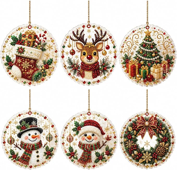 6PCS Christmas Wooden Ornaments DIY Pearl Diamond Painting Kit 11