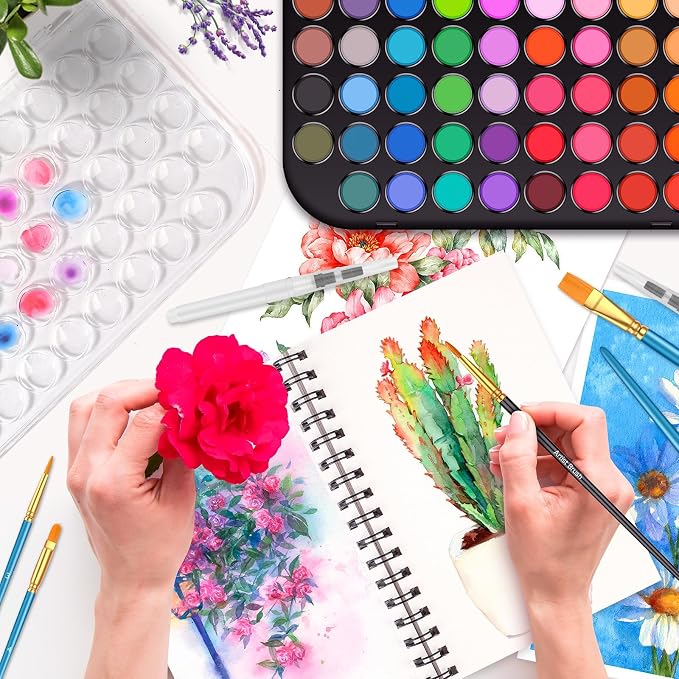 Taotree 48 Watercolor Paint Set with 10 Paint Brushes and Watercolor Book | Watercolor Workbook, Watercolor paper, Water Coloring Book with Palette, Drawing Pad, Painting Art Supplies for Adults Artist