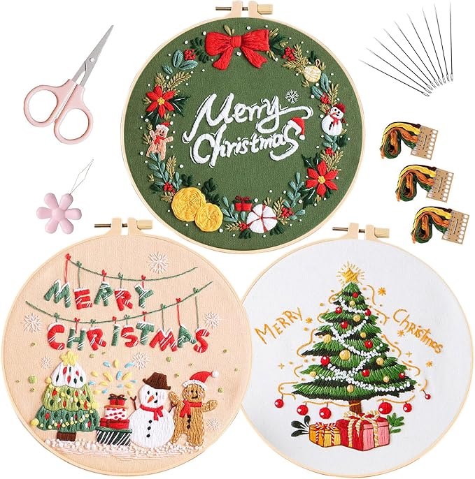 LB Christmas Embroidery Kit for Beginners Adults, 3 Sets Hand Embroidery Starter Kit with Wreath Pattern and Instructions Stamped Cross Stitch Kits Include Embroidery Hoop Needles Threads Scissors