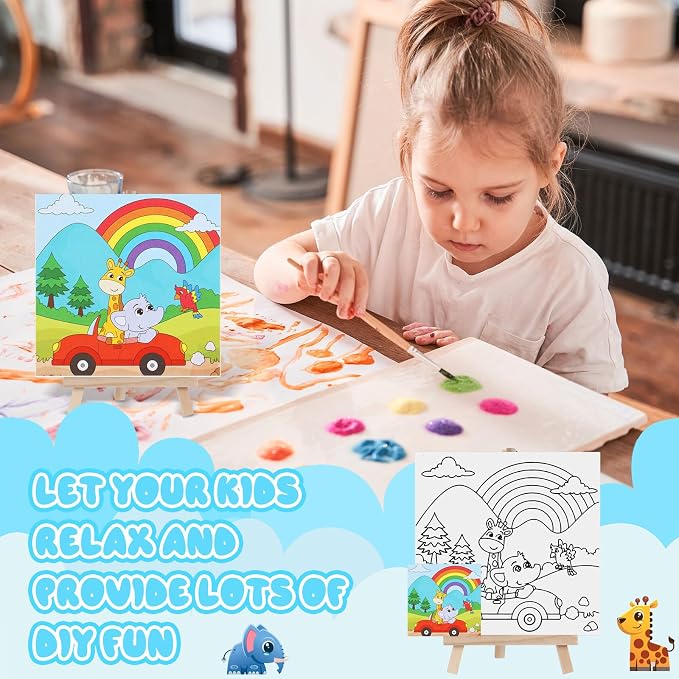 Tenceur 12 Sets Pre Drawn Canvas to Paint Adult Stretched Coloring Painting Canvas Panels with Design Easel and Brushes for Party Supplies Beginner Favor(Cute Style)