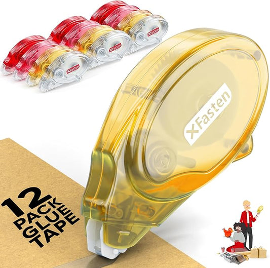 XFasten Double Sided Tape for Scrapbooking, 8mm x 30ft 12-Pack Multicolor Adhesive Tape Roller Runner, Jam-Free Craft Tape Ideal Scrapbook Album Kit