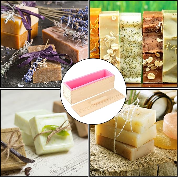 ZOENHOU 3PCS 42 oz Pink Soap Molds, Flexible Rectangular Silicone Soap Making Molds Kit with Wood Box DIY Tool Set for Soap Making Supplies