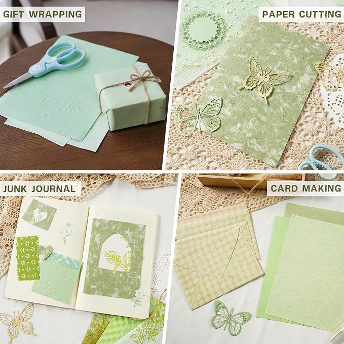 50 Sheets Green Scrapbook Paper, Textured Scrapbook Papers & Mesh Fabric