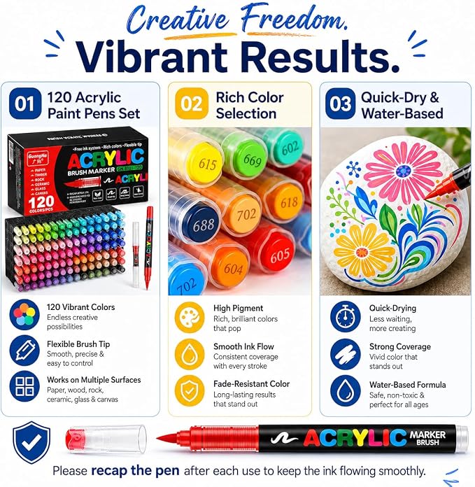 Amamao 120 Colors Soft Brush Tip Acrylic Paint Markers for Wood Rock Canvas