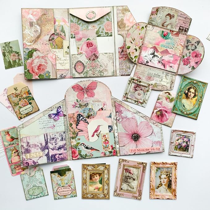 ZHIJIANHZ Junk Journal Kit Pink Romantic Ephemera Set for Scrapbooking