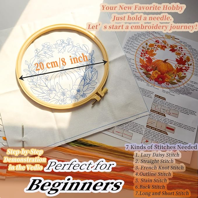 FONNUY Fall Embroidery Kit, Handmade Autumn Wreath Pre-Stamped Pattern for Beginners, Thanksgiving Harvest Home Decor, 8'' Hoop (Pumpkin)