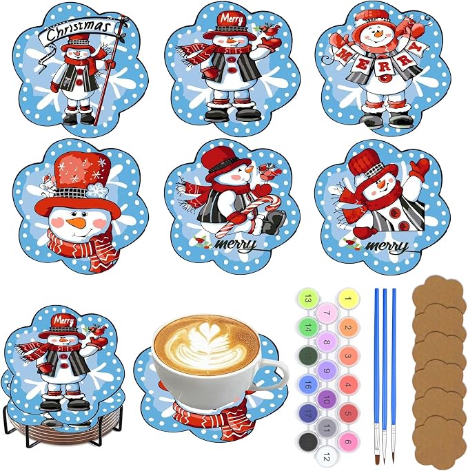 6 Pack Christmas Paint by Numbers Kits Coasters with Holder Cork Pads | Cute Mini Snowman Paint by Numbers Kits for Aldults, Special Shape Oil Painting Coaster for Small DIY Craft Holiday Gifts