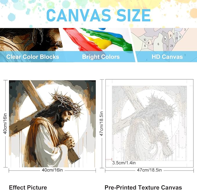Paint by Numbers Kit for Adults, Jesus Cross Acrylic Canvas Painting Set | 16x16 Inch, Religious Christians DIY Number Painting Craft Kit, Home Wall Decor, Stress Relief Relaxing Hobby Gift