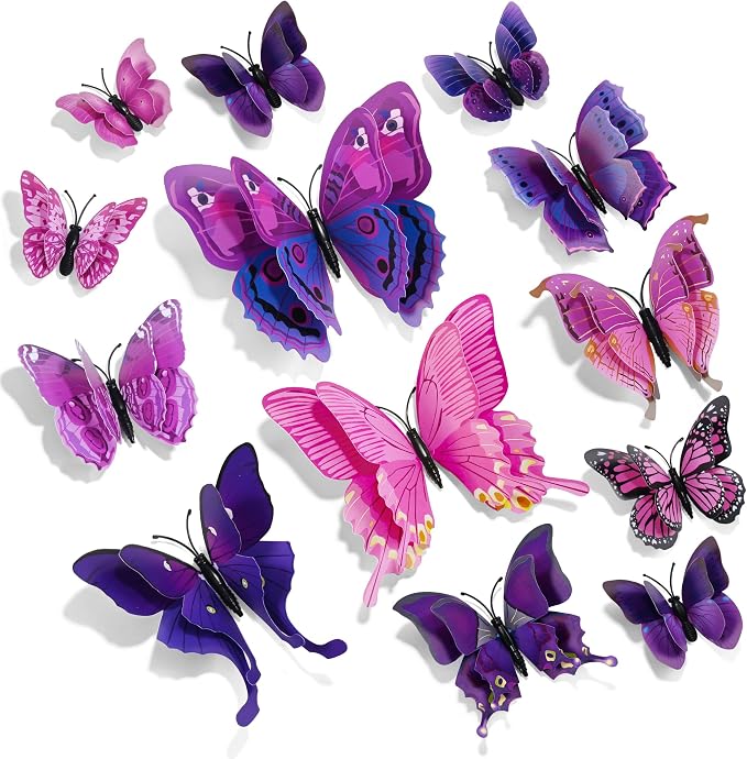 SAOROPEB 3D Butterfly Wall Decor, 24 Pcs Purple Butterfly Decorations