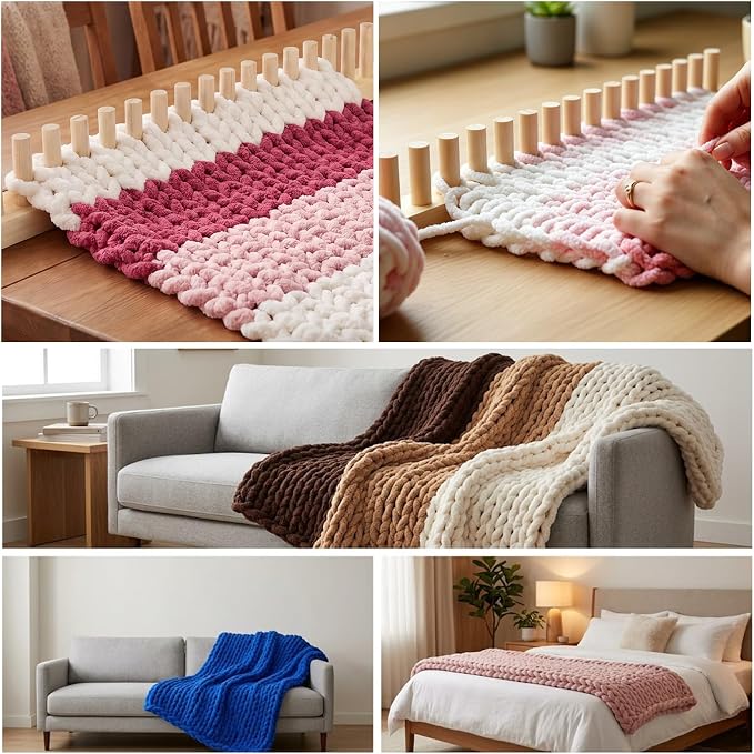 Hulvargont 46" Extra-Large Chunky Wooden Blanket Loom, Adjustable Frame Knitting Looms Kit, Chunky Knit Blanket Maker Kit for DIY Yarn Craft, Home Decor, Stress Relief, Beginner Friendly
