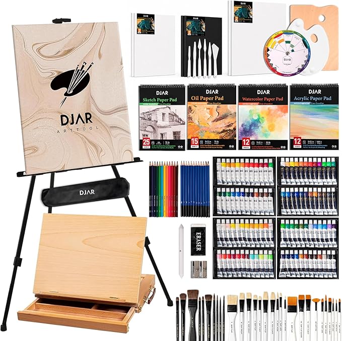 DJAR 174 Pcs All-in-One Art Painting Set with Beech Wood Easel | Complete Professional Artist Supply Kit with 48 Acrylic, 24 Oil & 24 Watercolor Paints for Adults, Teens, and Beginners