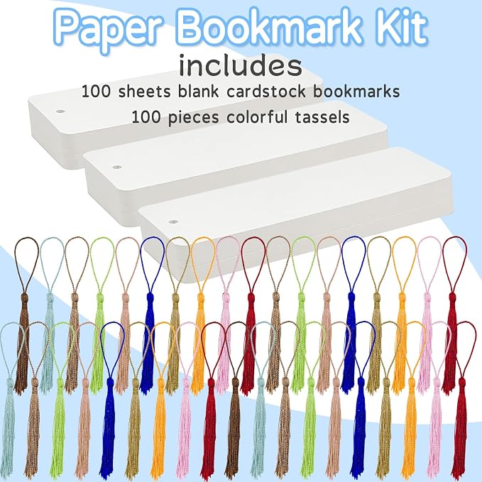 100 Sets Blank Bookmarks with Tassels 350 GSM Paper Bookmark DIY Bookmarks | DSYIL White Cardstock Bookmarks Blank Bookmark to Decorate for Classroom Projects, Home Crafts and Making Gifts, 5.5 x 2 Inch