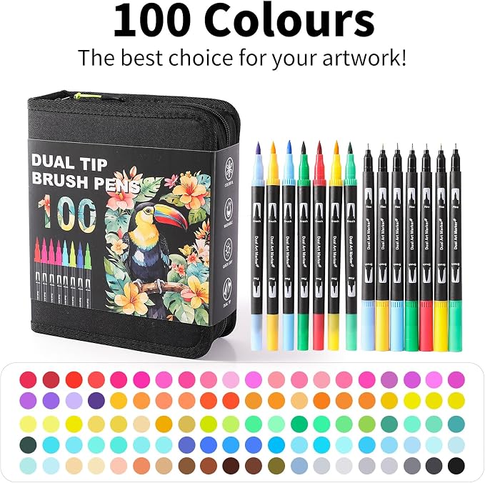 100 Colors Dual Tip Watercolor Markers Pens for School Supplies-Brush&Fine | Coloring Markers No Bleeding for Adult Coloring Books Calligraphy Card Making Sketching Journaling Note Taking Planner Travel