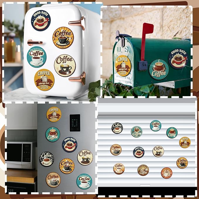 Zonon 12 Pcs Coffee Diamond Art Magnets, Diamond Painting Fridge Decor | Magnetic Stickers for Fridge Locker Board, Coffee Bar Decor with Kids, Small Painting Art Set in Home Kitchen
