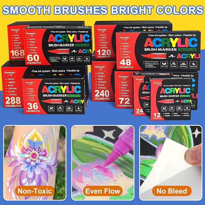 Amamao 168 Colors Soft Brush Tip Acrylic Paint Markers for Wood Rock Canvas