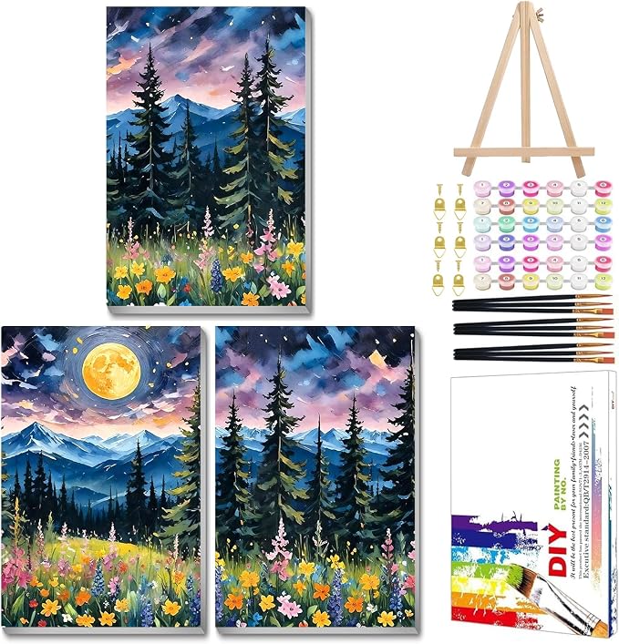 Mandun Landscape Paint by Numbers Kit for Adults, 3 Pack, 7.8x11.8 inch | DIY Painting Kits Crafts for Adults, Relieve Stress, Frame Canvas, Wooden Easel, Gift Box, Home Wall Decor