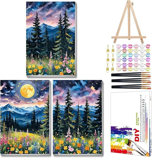 Mandun Landscape Paint by Numbers Kit for Adults, 3 Pack, 7.8x11.8 inch | DIY Painting Kits Crafts for Adults, Relieve Stress, Frame Canvas, Wooden Easel, Gift Box, Home Wall Decor