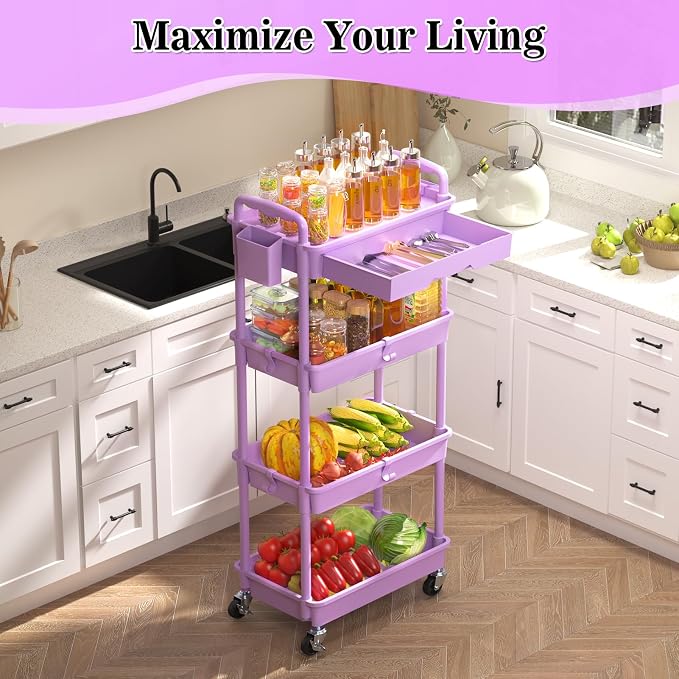 SUNALLY 4 Tier Rolling Cart with Drawer,Craft Storage Cart Organizer,Purple