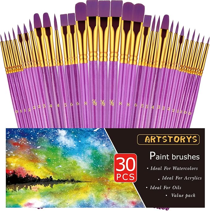 Artstorys 30Pcs Paint Brush Set for Acrylic, Oil & Watercolor, Purple | Nylon hair with wooden grips. Great for canvas art, rock crafts & face painting, perfect supplies for adult DIY art projects