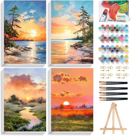 4 Pack Framed Paint by Numbers Kit for Adults with Wooden Easel 8x12 Inch | Sunrise and Sunset Landscape, For Adults Beginner, DIY Acrylic Painting, Stress Relief Craft Kits, Home Wall Decor Gift