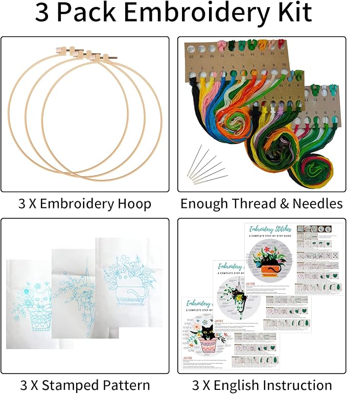Nuberlic 3 Pack Embroidery Kit for Beginners with Cat Pattern
