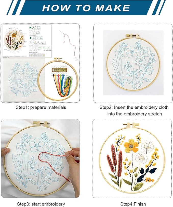 Zhenqing Floral Embroidery Kit - 4 Piece 29x29cm Round Hoop Art Set with Pre-Printed Cotton Fabric, Embroidery Hoop, Threads & Tools for Beginners (C0010)