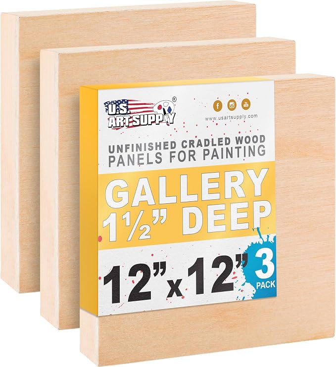 U.S. Art Supply 12" x 12" Unfinished Cradled Wood Panels for Painting