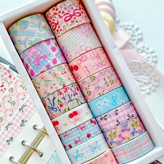 16 Rolls Vintage Washi Tape Set with Bowknot Patterns, Decorative Scrapbook Tape for Journaling Supplies, DIY Crafts and Bullet Journals