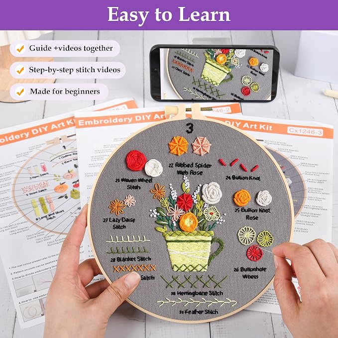 Embroidery Kit for Adult Beginners, 3 Pack Embroidery Stitches Practice Kit to Learn 31 Stitches, with Step-by-Step Instructions & Videos, Tools, DIY Needlework Craft Gift for Craft Lovers Women