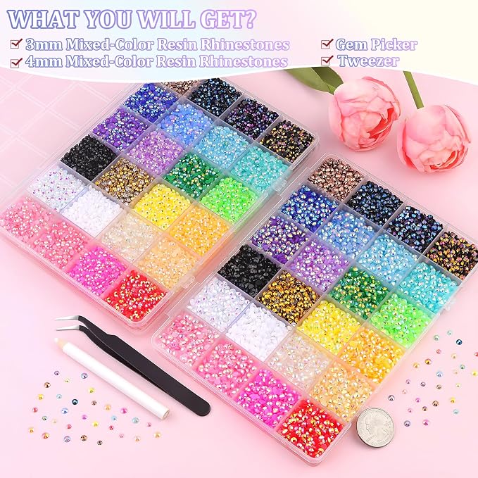 2 Boxes Jelly Rhinestones for Bedazzling, 36600Pcs 3mm & 4mm Multicolor Flatback Resin Gems for Crafting, Bedazzler Kit with Tweezer for DIY Crafts Book Fabric Decor Nail Art