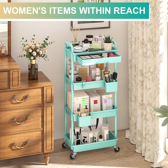 Goovilla 4 Tier Rolling Utility Cart Organizer with Removable Drawer, Blue | Stable and Sturdy Rolling Storage Carts with 2 Lockable Wheels for Bathroom, Kitchen, Snack, Craft, Makeup, Baby Essentials
