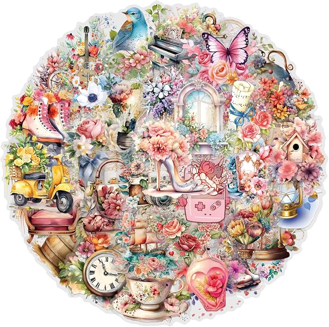 57 PCS Vintage Floral Stickers for Scrapbooking Journaling Junk Journal Scrapbook Supplies - Self-Adhesive Scrapbooking Stickers Supplies Journal Stuffers for Adult Card Making Letters DIY (ff)