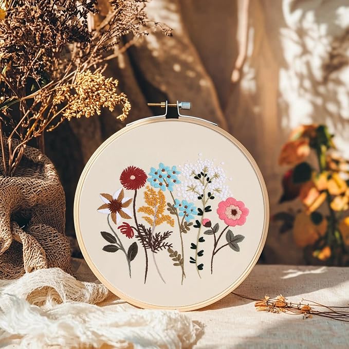 COCOMOX Floral Embroidery Kit for Beginners, Needlepoint Practice Kits | 4 Different Flower Pattern, Cross Stitch Embroidery Kits for Adults, Easy to Follow