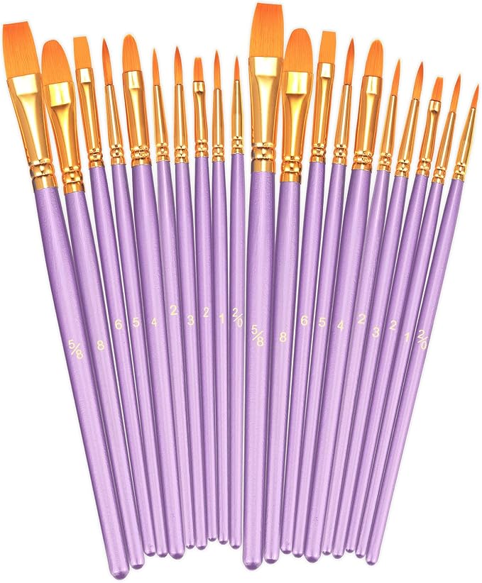BOSOBO Paint Brushes Set, 20 Pcs Small Paint Brush Kit Round Flat Tip Nylon Hair, for Acrylic Painting, Watercolor, Oil Painting, Kids Face Nail Art Canvas Rock Craft, Art Supplies, Purple