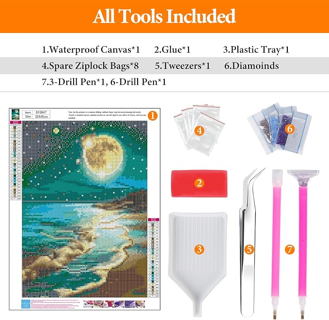 Diamond Art Kits for Adults, Beach DIY 5D Diamond Painting for Beginners | 12x16 Inch, Full Drill Round Dots, Seaside Moon Gem Art Craft Kits, Home Wall Decor, Stress Relief Relaxing Hobby Gift