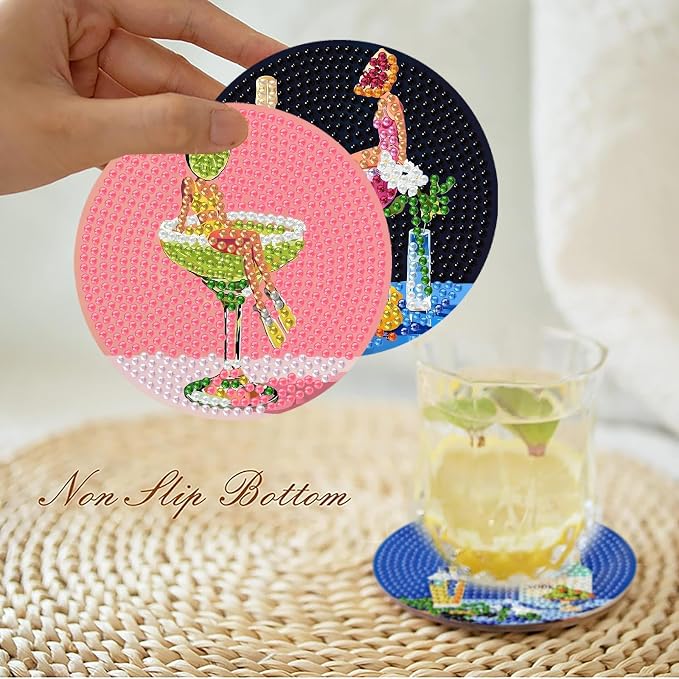 askkqtx 8 Pcs Cocktail Diamond Art Coasters Kits with Holder 4X4 Inch